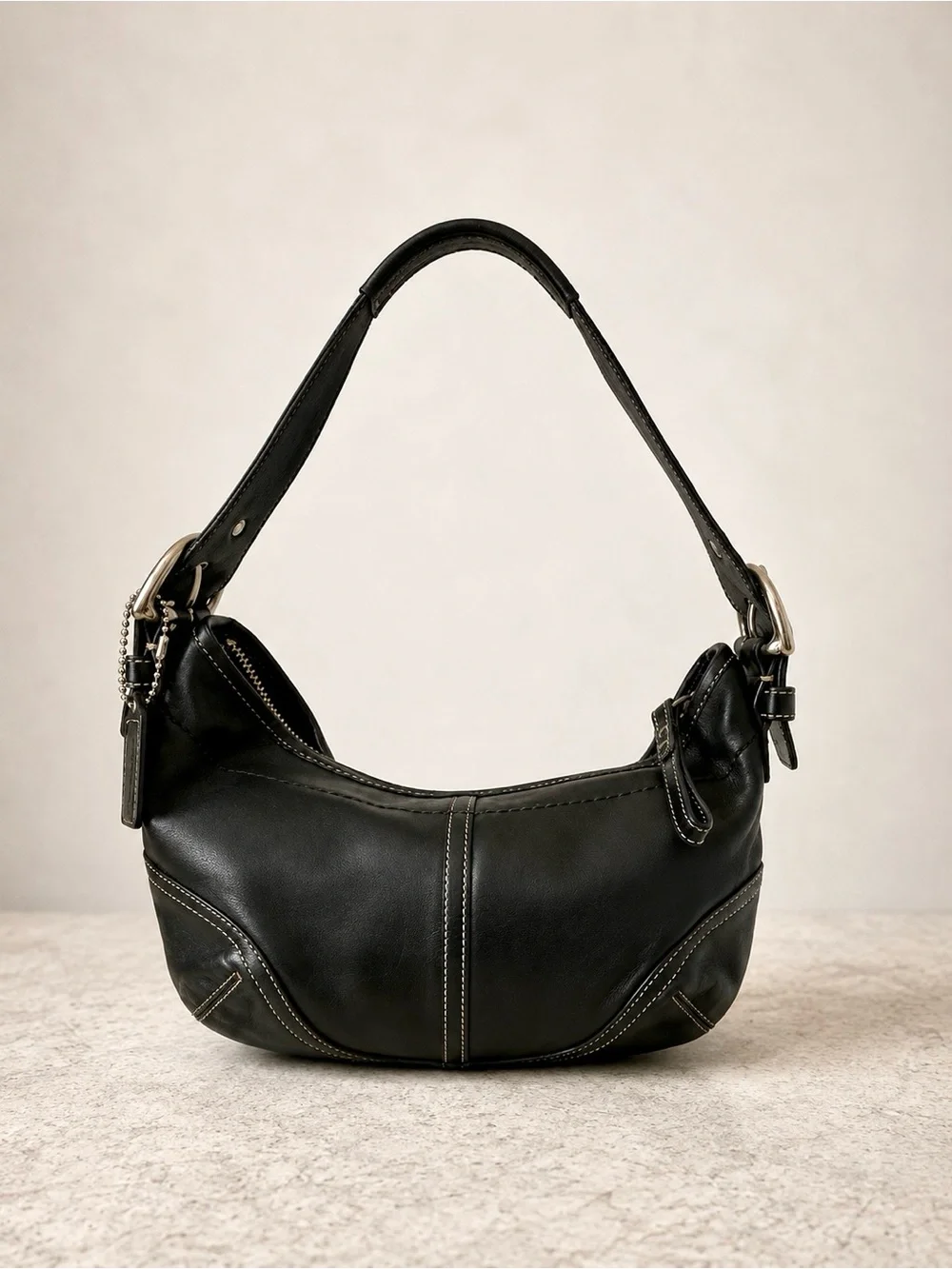 Coach Black Leather Curved Hobo Bag with Silver Hardware